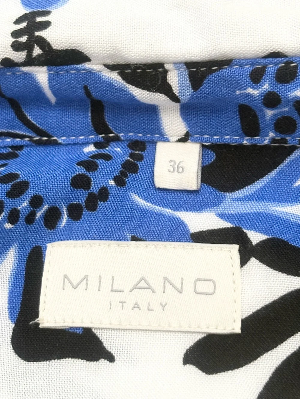 Milano Italy White Dress with Blue and Black Floral Print Long Sleeves Size 36